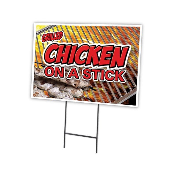 Chicken On A Stick Yard Sign & Stake outdoor plastic coroplast window, C-1824-DS-Chicken On A Stick